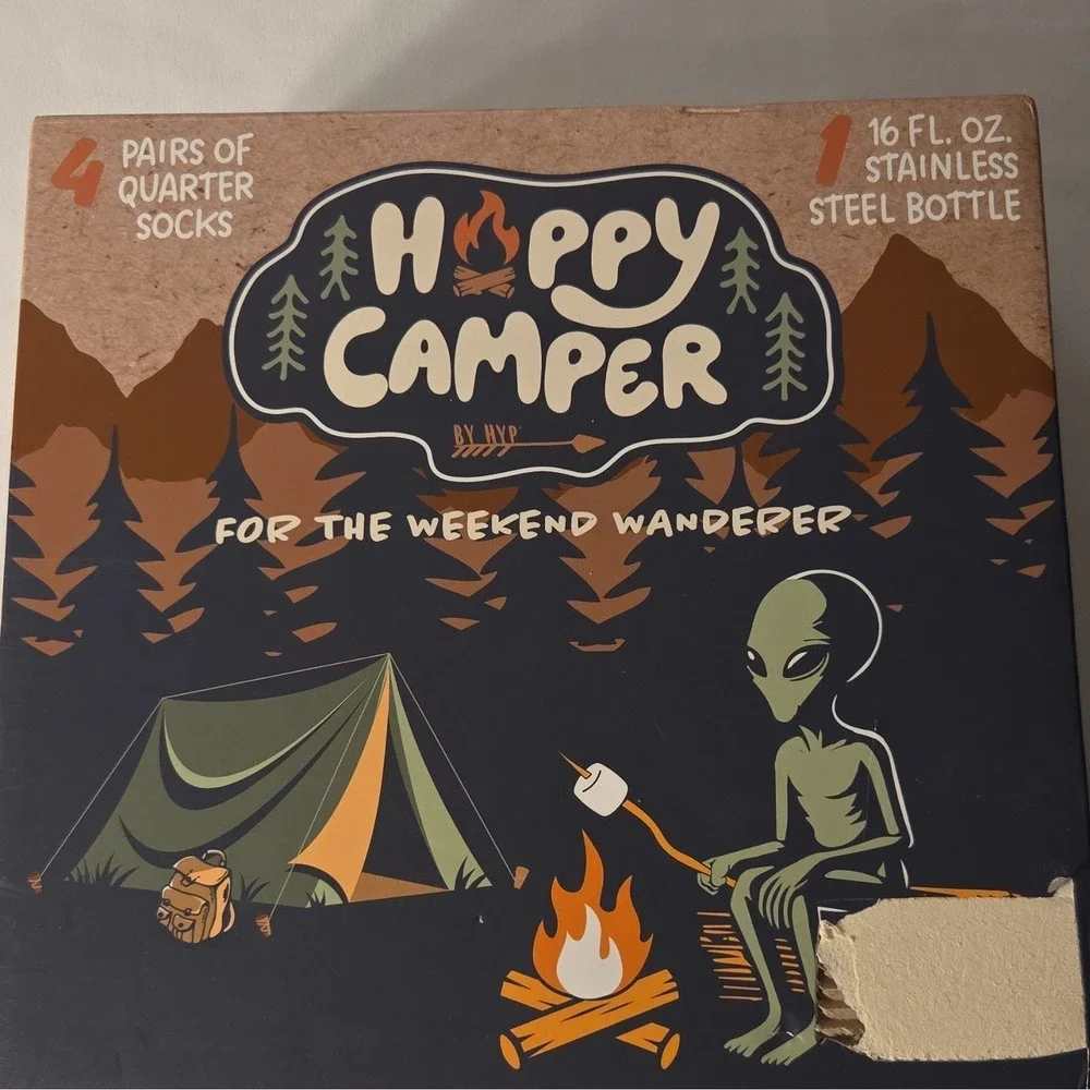 HYP Happy Camper Camping Novelty Quarter Socks 4 Pairs Mens M Multicolor